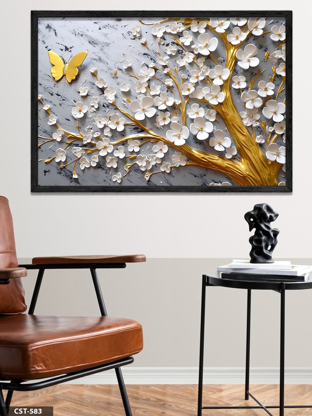 Gold Dallarda Beyaz Çiçek Tek Parça Ahşap Çerçeveli Tablo Siyah - 40 x 60 CM