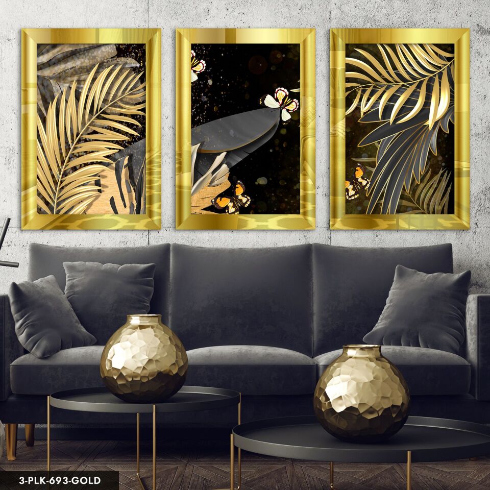 Gold Yaprak ve Kelebek 3 Parça Pleksi Aynalı Tablo 40 x 60 CM - Gold