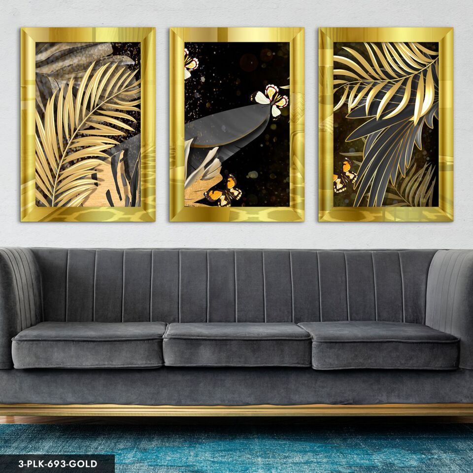 Gold Yaprak ve Kelebek 3 Parça Pleksi Aynalı Tablo 40 x 60 CM - Gold