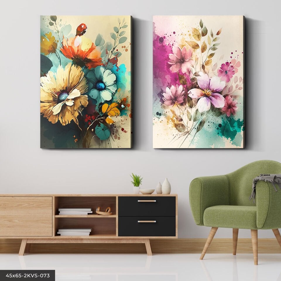 Sulu Boya Görünümlü Çiçekler 2 Parça Kanvas - Canvas Tablo