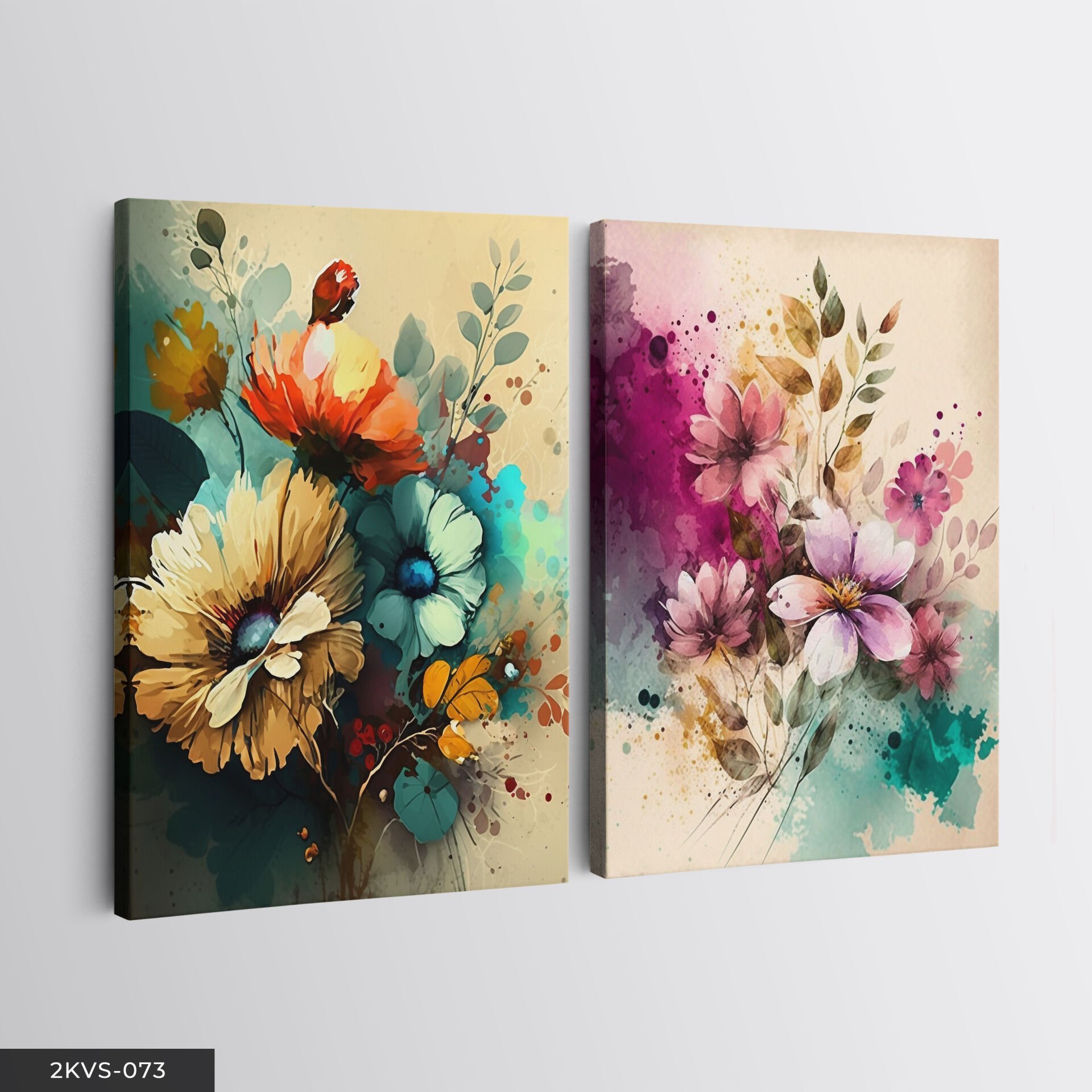 Sulu Boya Görünümlü Çiçekler 2 Parça Kanvas - Canvas Tablo