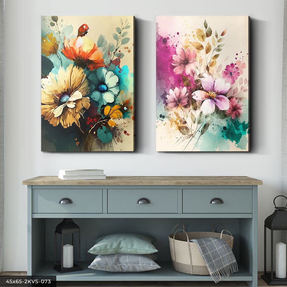 Sulu Boya Görünümlü Çiçekler 2 Parça Kanvas - Canvas Tablo