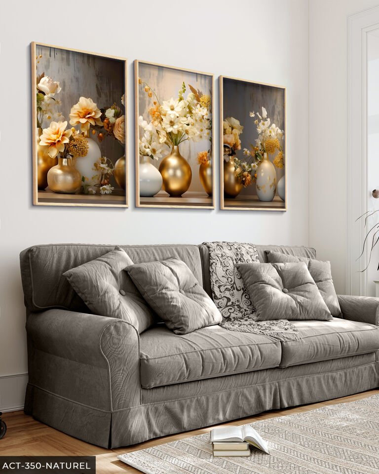 Gold Vazoda Çiçekler 3 Parça Ahşap Çerçeveli Tablo ACT Naturel - 30 x 40 CM