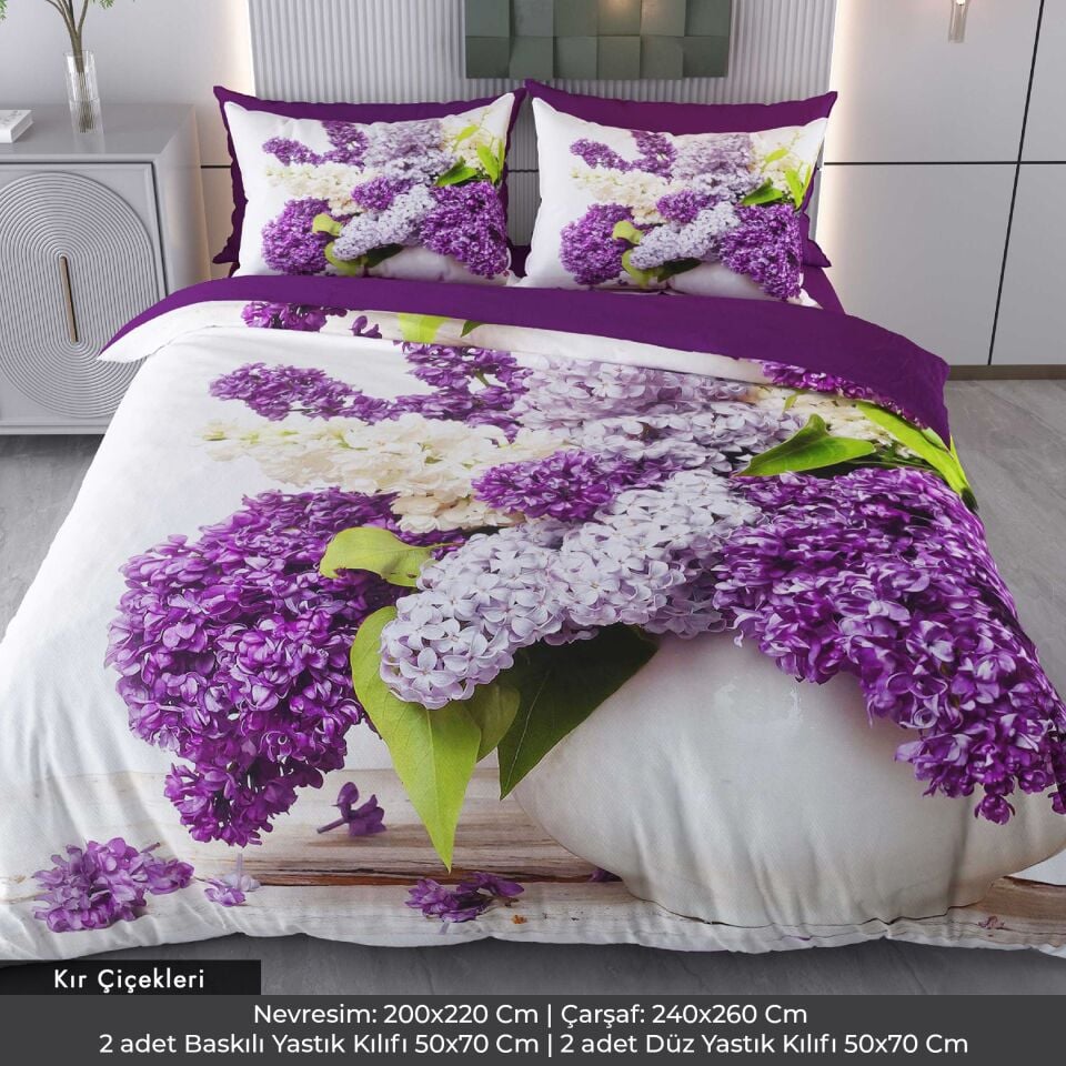 Mor Çiçek Dijital Baskılı 3D 3 Boyutlu Çift Kişilik Nevresim Takımı Çift Kişilik