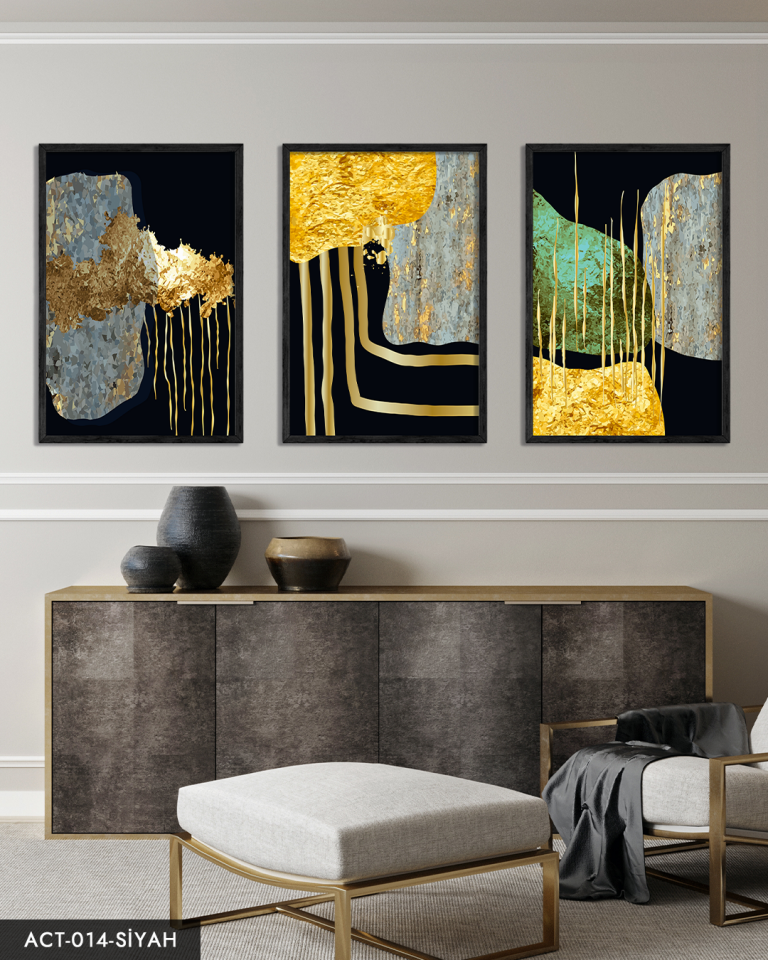 Soyut Gold Desenler 3 Parça Ahşap Çerçeveli Tablo ACT