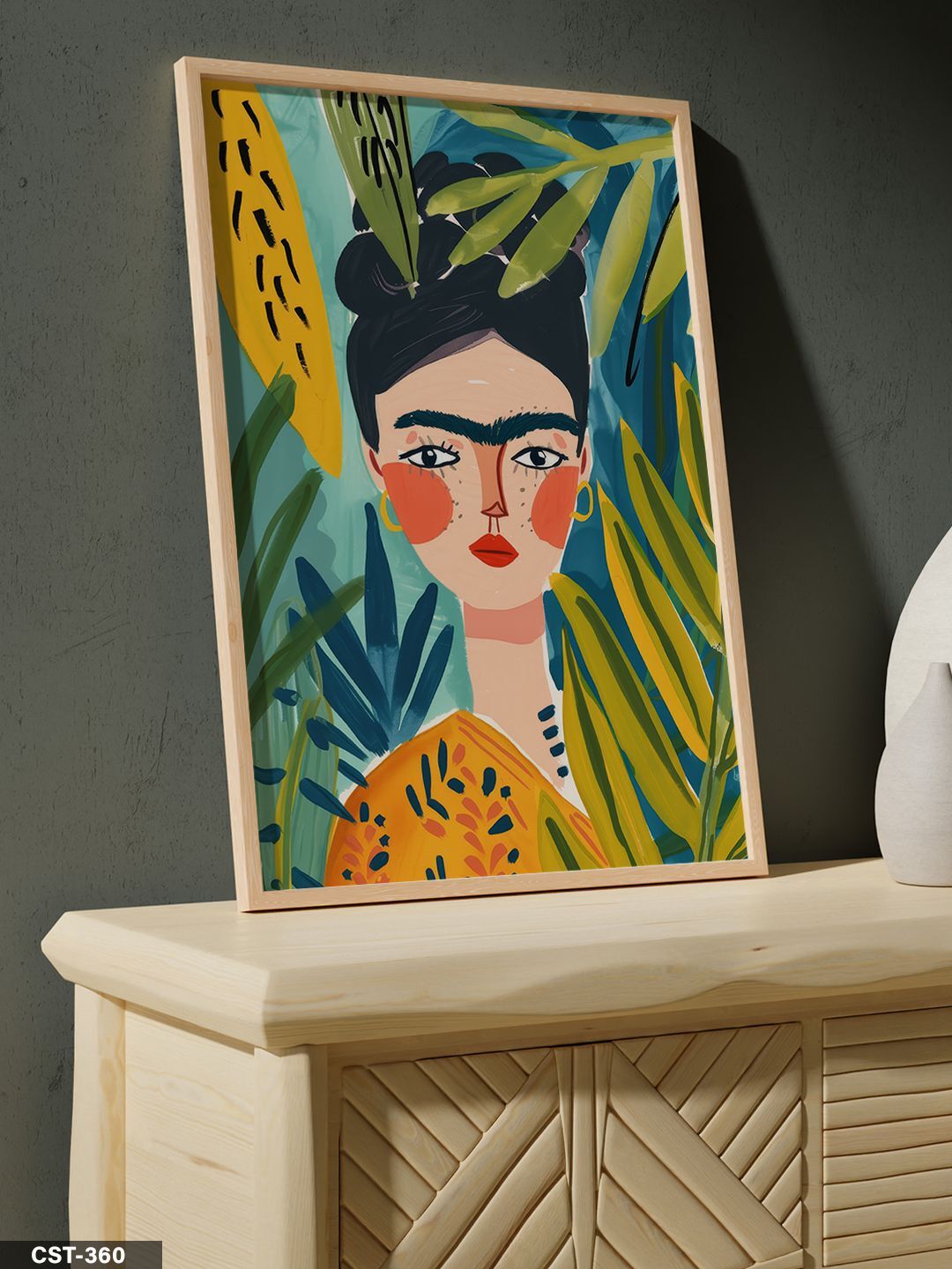 Frida Kahlo Portre Tek Parça Ahşap Çerçeveli Tablo Naturel - 50 x 70 CM