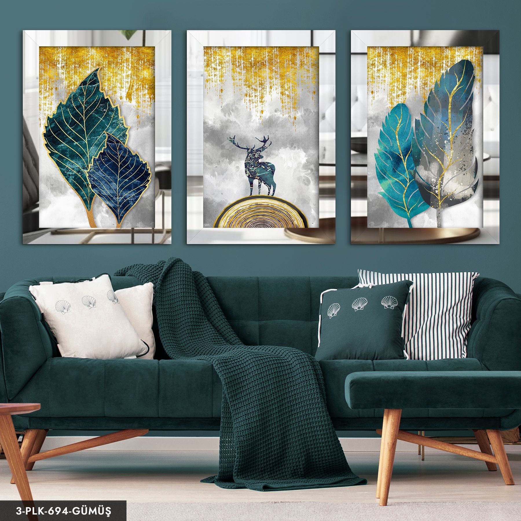 Geyik ve Renkli Yapraklar 3 Parça Pleksi Aynalı Tablo 40 x 60 CM - Gümüş