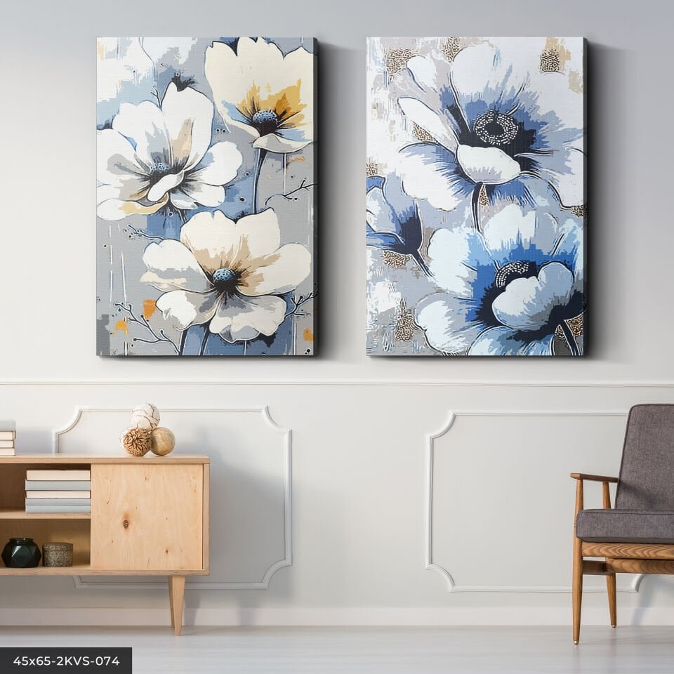 Beyaz Çiçekler 2 Parça Kanvas - Canvas Tablo