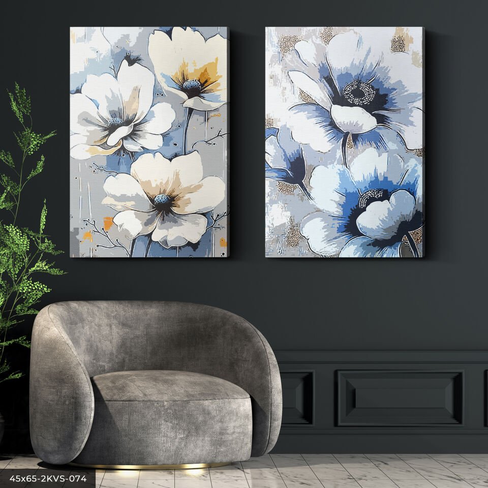 Beyaz Çiçekler 2 Parça Kanvas - Canvas Tablo