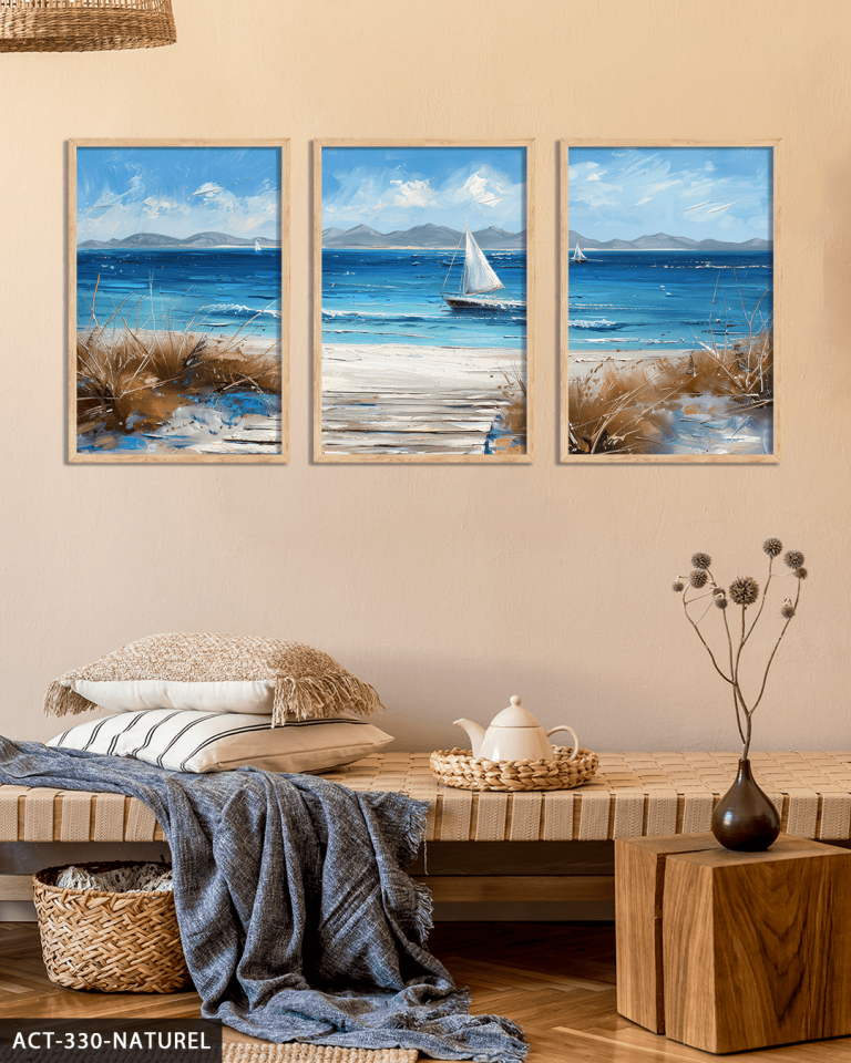 Denizdeki Tekne 3 Parça Ahşap Çerçeveli Tablo ACT Naturel - 30 x 40 CM