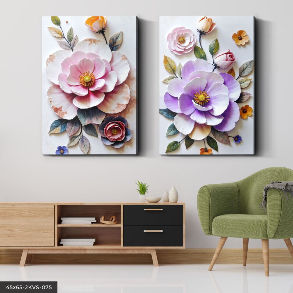 Dokulu Görünüm Renkli Çiçekler 2 Parça Kanvas - Canvas Tablo