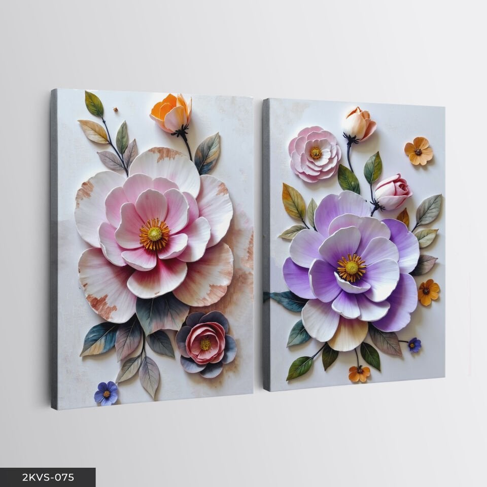 Dokulu Görünüm Renkli Çiçekler 2 Parça Kanvas - Canvas Tablo