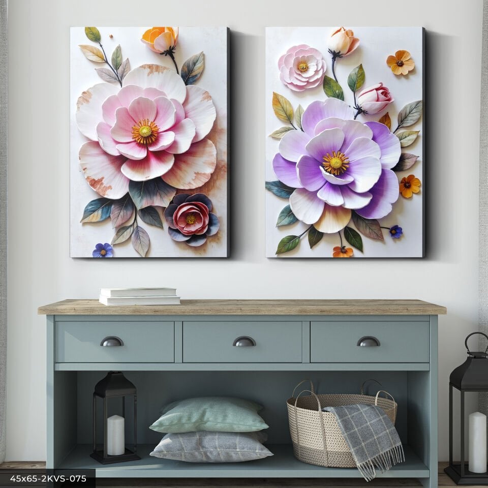 Dokulu Görünüm Renkli Çiçekler 2 Parça Kanvas - Canvas Tablo