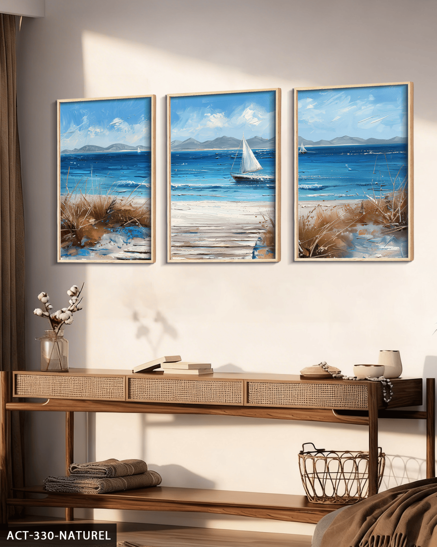 Denizdeki Tekne 3 Parça Ahşap Çerçeveli Tablo ACT Naturel - 40 x 60 CM