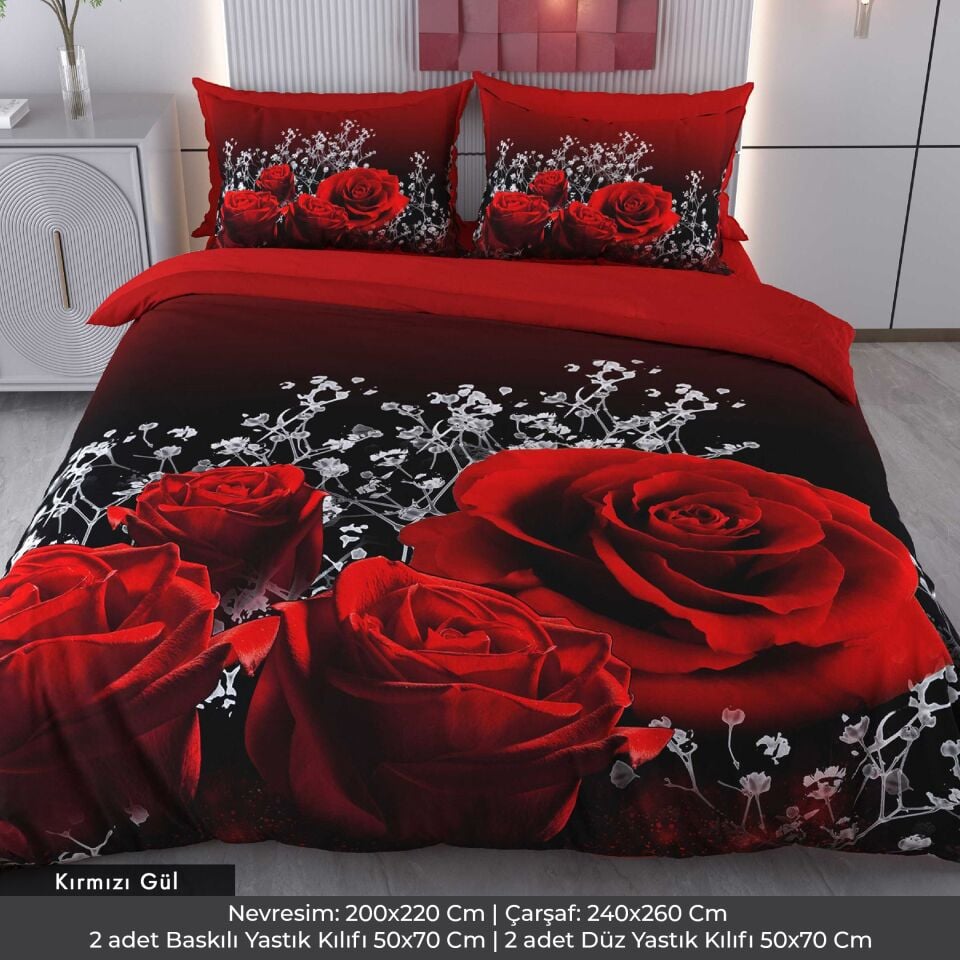 Kırmızı Gül Dijital Baskılı 3D 3 Boyutlu Çift Kişilik Nevresim Takımı Çift Kişilik