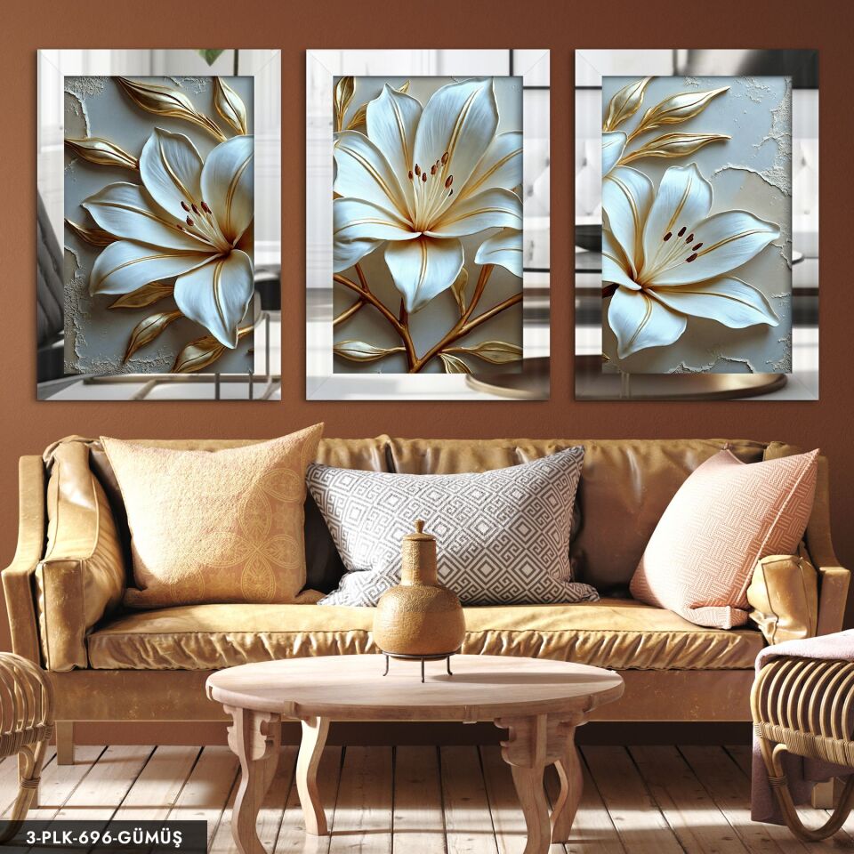 Gold Yapraklı Zambak 3 Parça Pleksi Aynalı Tablo 40 x 60 CM - Gümüş