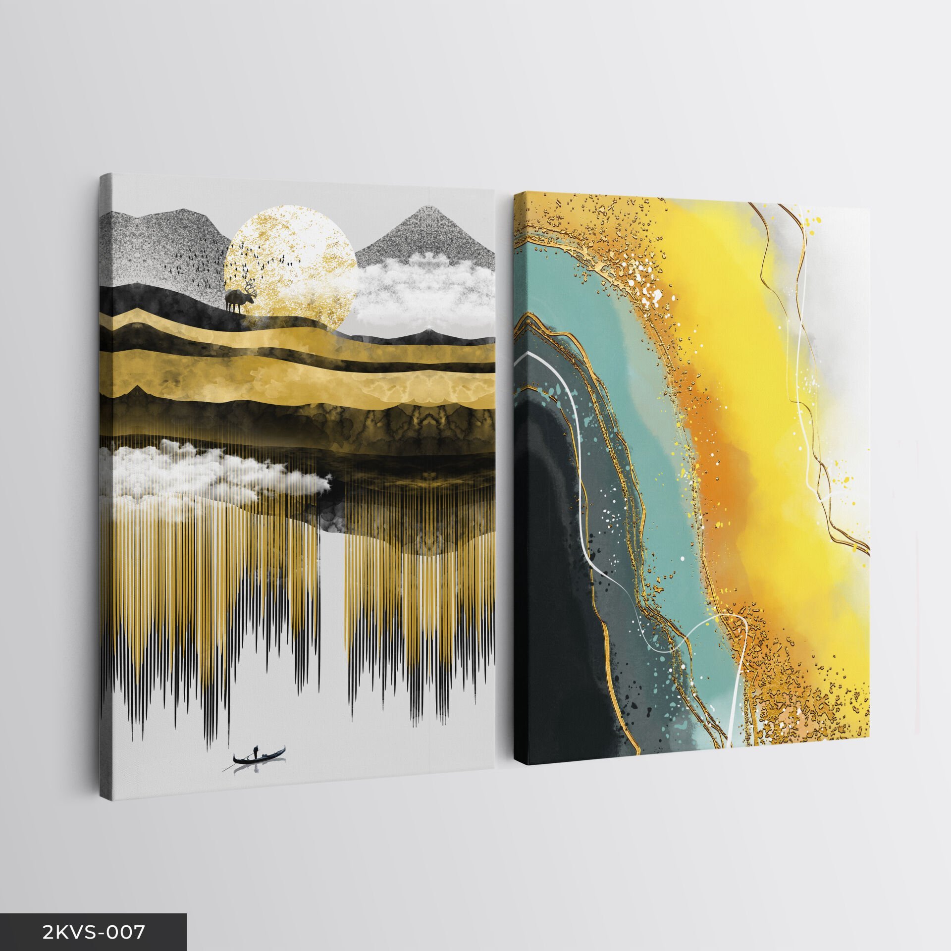 Gold Doğa Abstract 2 Parça Kanvas - Canvas Tablo