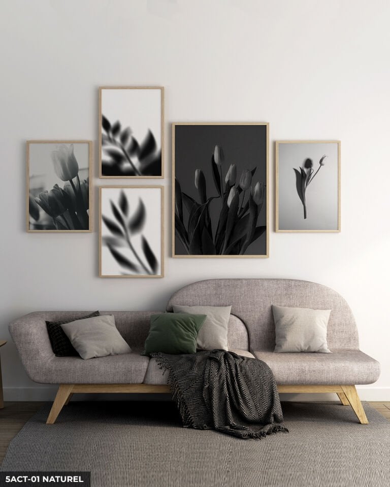 Siyah Beyaz Lale Yaprak 5 Parça Ahşap Çerçeveli Tablo