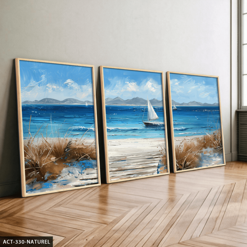 Denizdeki Tekne 3 Parça Ahşap Çerçeveli Tablo ACT Naturel - 50 x 70 CM