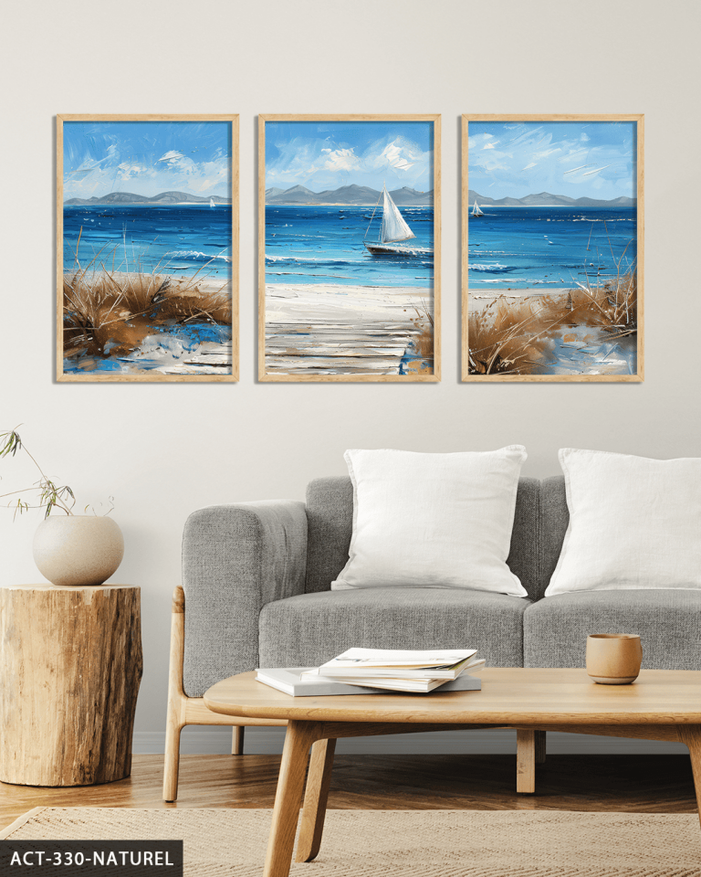 Denizdeki Tekne 3 Parça Ahşap Çerçeveli Tablo ACT Naturel - 50 x 70 CM