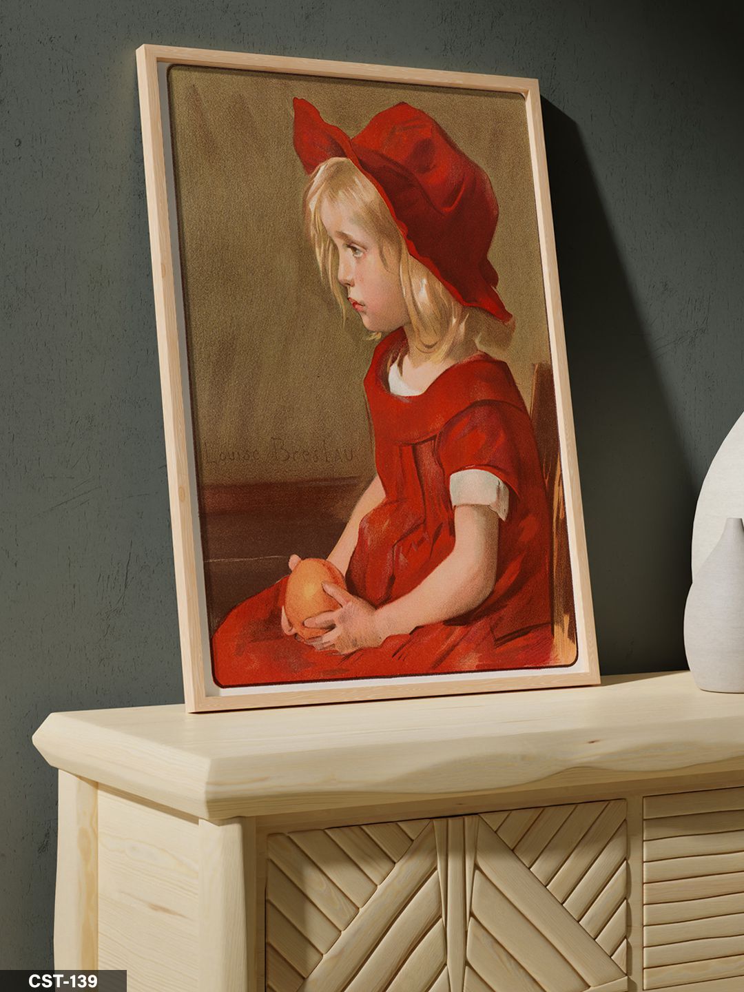 Kırmızı Elbiseli Kız Portre Tek Parça Ahşap Çerçeveli Tablo Naturel - 20 x 30 CM