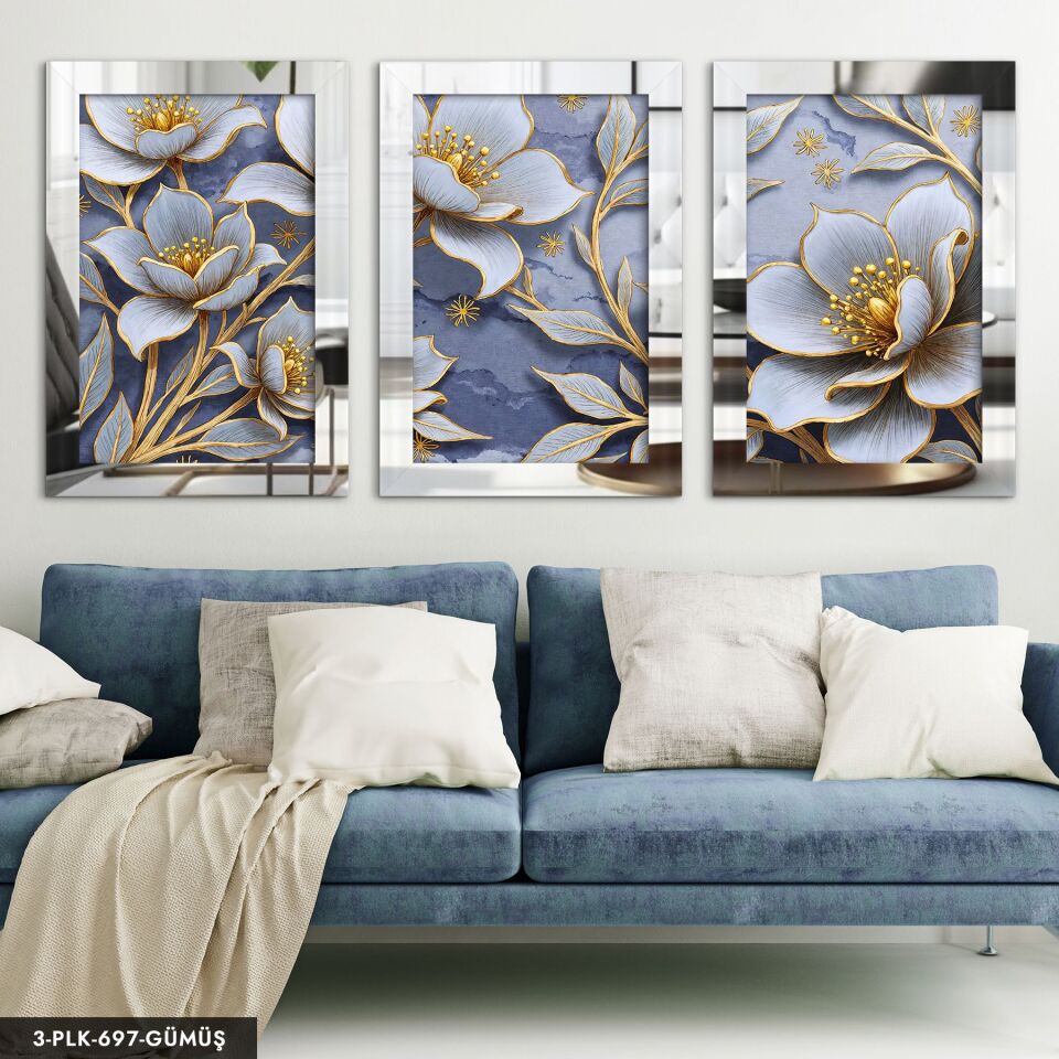 Gold Detaylı Beyaz Çiçek 3 Parça Pleksi Aynalı Tablo 40 x 60 CM - Gümüş