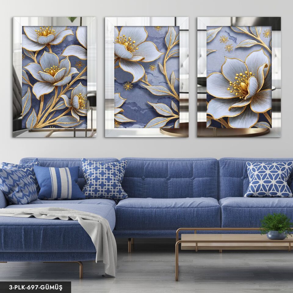Gold Detaylı Beyaz Çiçek 3 Parça Pleksi Aynalı Tablo 40 x 60 CM - Gümüş
