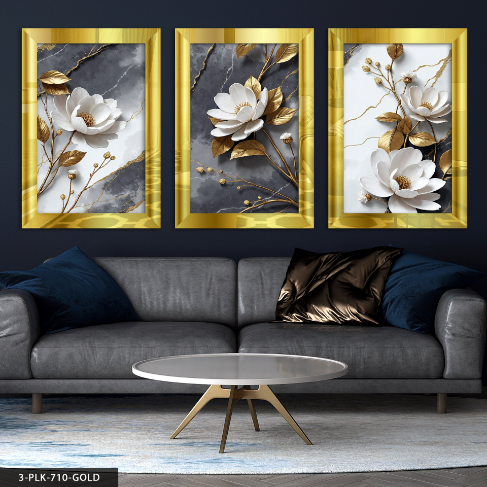 Dokulu Görünüm Beyaz Çiçek 3 Parça Pleksi Aynalı Tablo 20 x 30 CM - Gold