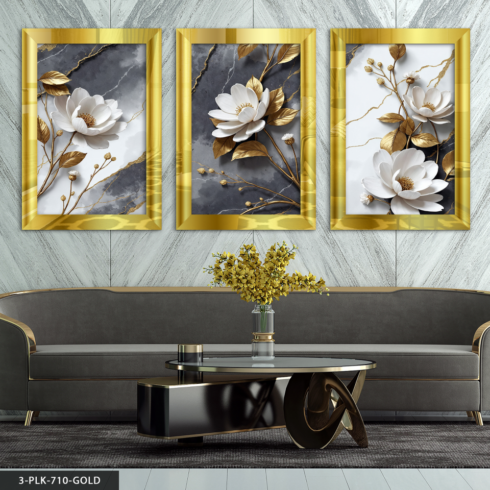 Dokulu Görünüm Beyaz Çiçek 3 Parça Pleksi Aynalı Tablo 20 x 30 CM - Gold