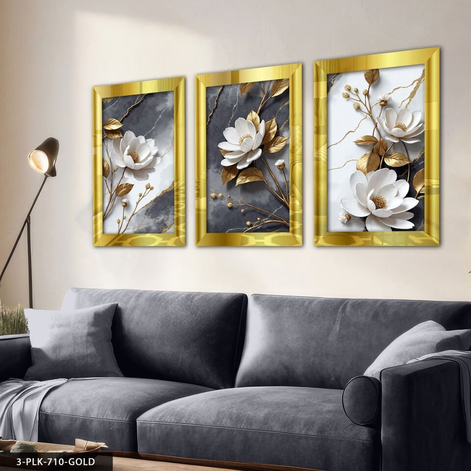 Dokulu Görünüm Beyaz Çiçek 3 Parça Pleksi Aynalı Tablo 20 x 30 CM - Gold