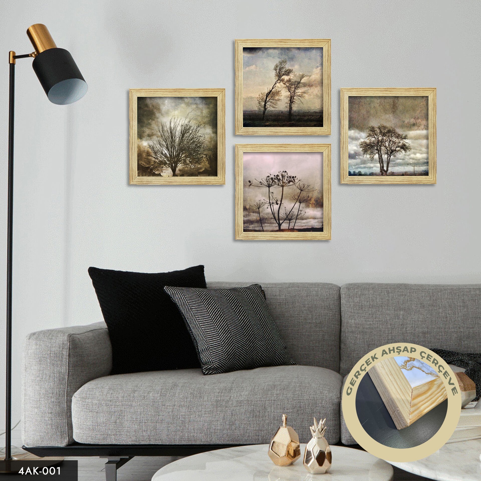 Sonbahar Ağaç Temalı 4 Parçalı Kare Ahşap Çerçeveli Tablo
