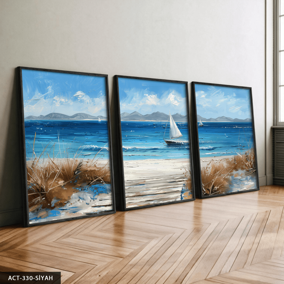 Denizdeki Tekne 3 Parça Ahşap Çerçeveli Tablo ACT Siyah - 30 x 40 CM