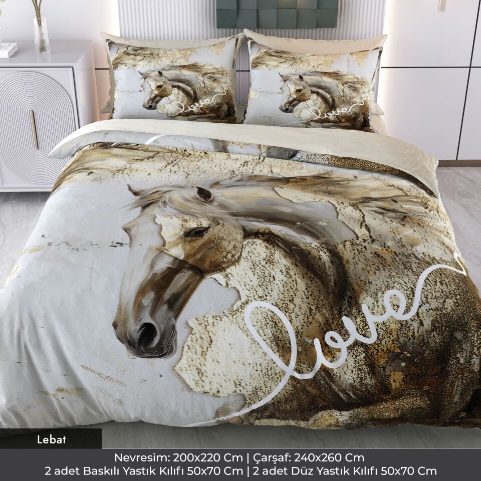 Asil At Dijital Baskılı 3D 3 Boyutlu Çift Kişilik Nevresim Takımı Çift Kişilik