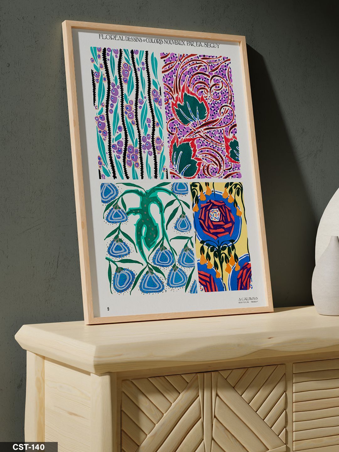 Mavi-mor Çiçek illüstrasyon Tek Parça Ahşap Çerçeveli Tablo Naturel - 20 x 30 CM