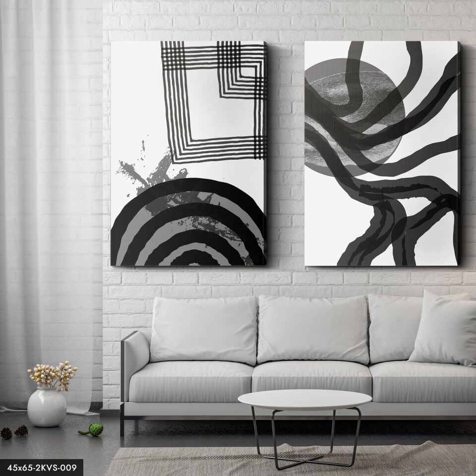 Siyah Beyaz Soyut Sanat 2 Parça Kanvas - Canvas Tablo