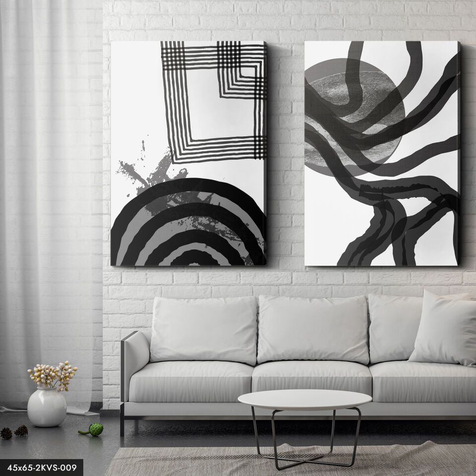 Siyah Beyaz Soyut Sanat 2 Parça Kanvas - Canvas Tablo