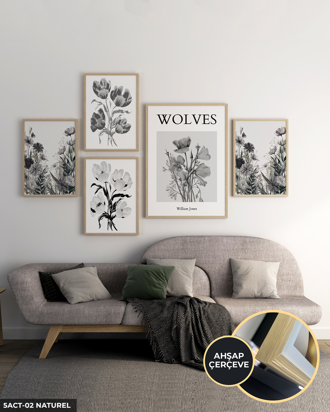 Siyah Beyaz Çiçekler 5 Parça Ahşap Çerçeveli Tablo