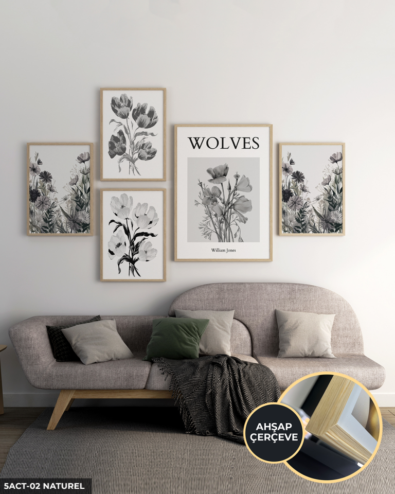 Siyah Beyaz Çiçekler 5 Parça Ahşap Çerçeveli Tablo