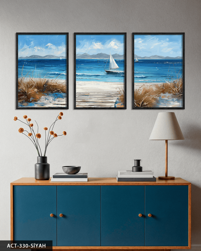 Denizdeki Tekne 3 Parça Ahşap Çerçeveli Tablo ACT Siyah - 40 x 60 CM