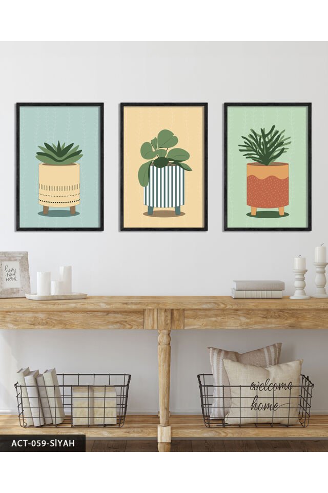 Saksıda Çiçek 3 Parça Ahşap Çerçeveli Tablo Siyah - 20 x 30 CM