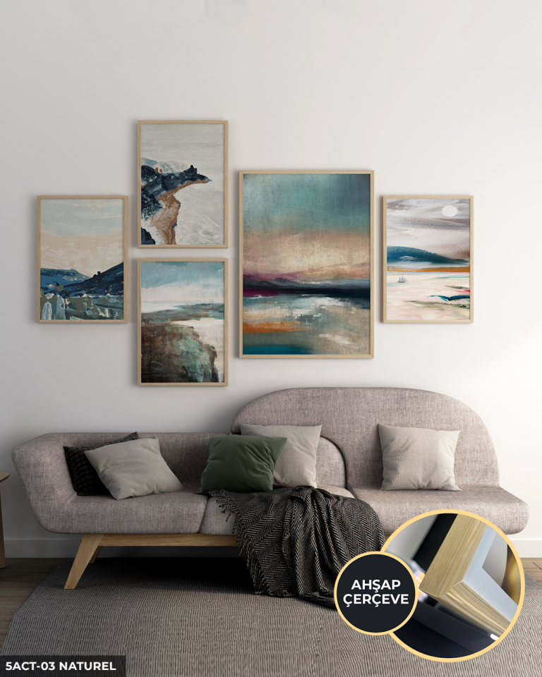 Eskitme Görünümlü Manzara 5 Parça Ahşap Çerçeveli Tablo