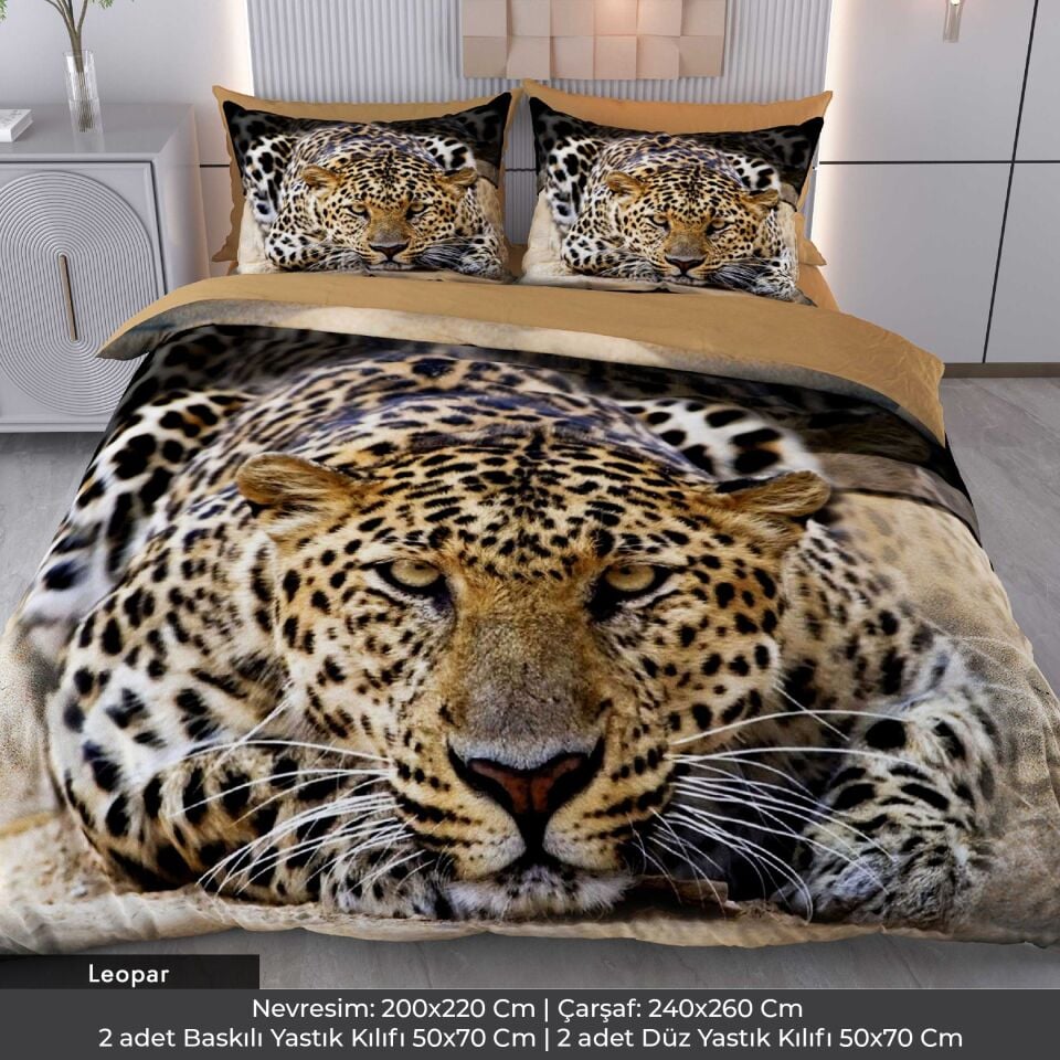 Leopar Dijital Baskılı 3D 3 Boyutlu Çift Kişilik Nevresim Takımı Çift Kişilik