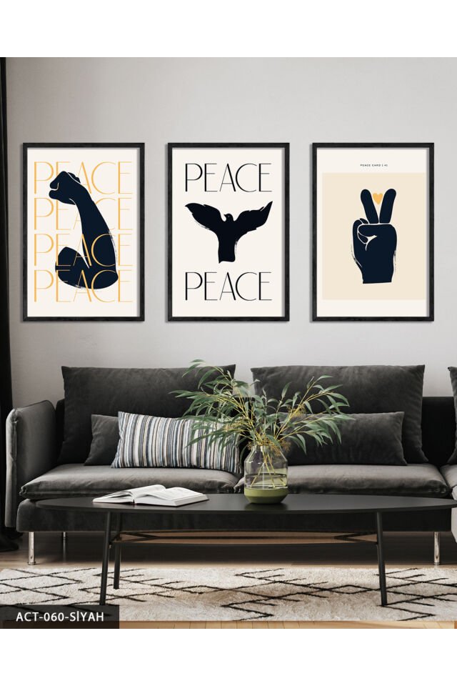 Peace, Barış 3 Parça Ahşap Çerçeveli Tablo Siyah - 20 x 30 CM