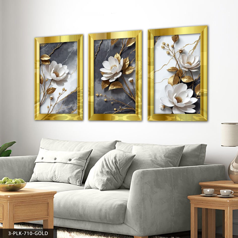 Dokulu Görünüm Beyaz Çiçek 3 Parça Pleksi Aynalı Tablo 50 x 70 CM - Gold