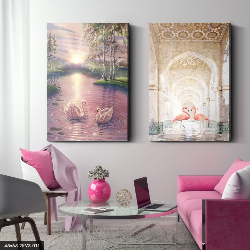 Flamingo Kuğu Gölü 2 Parça Kanvas - Canvas Tablo