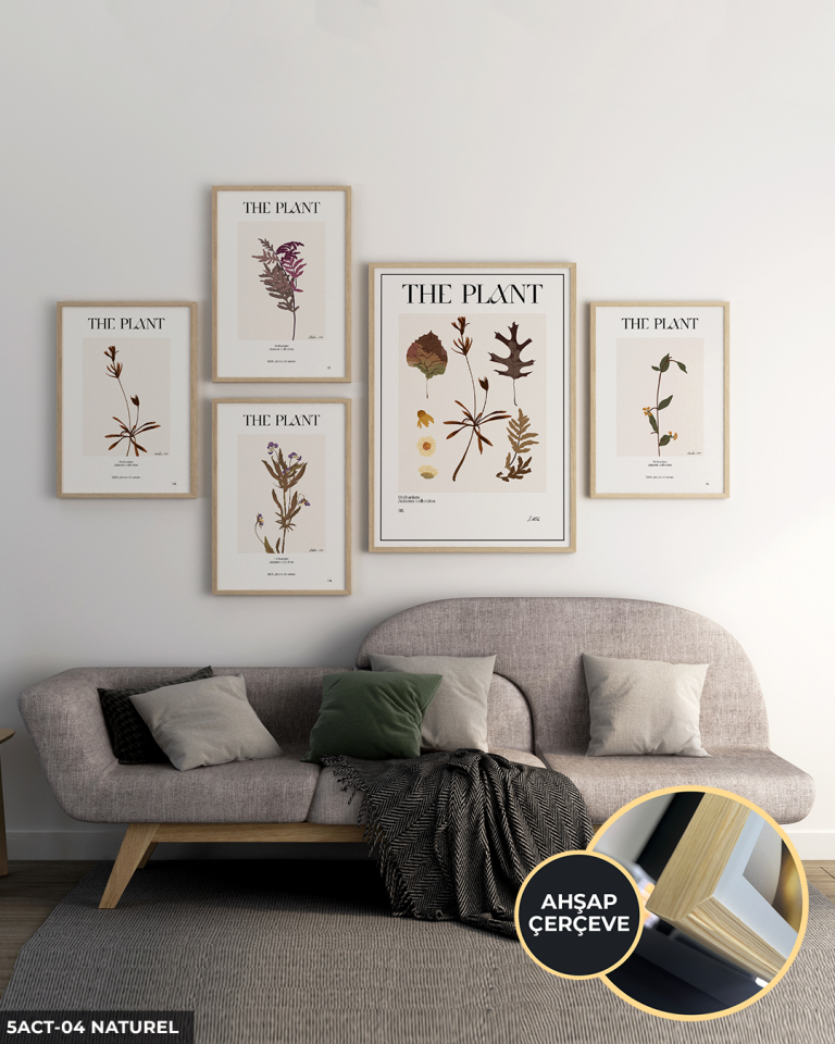 Bitki Türleri 5 Parça Ahşap Çerçeveli Tablo
