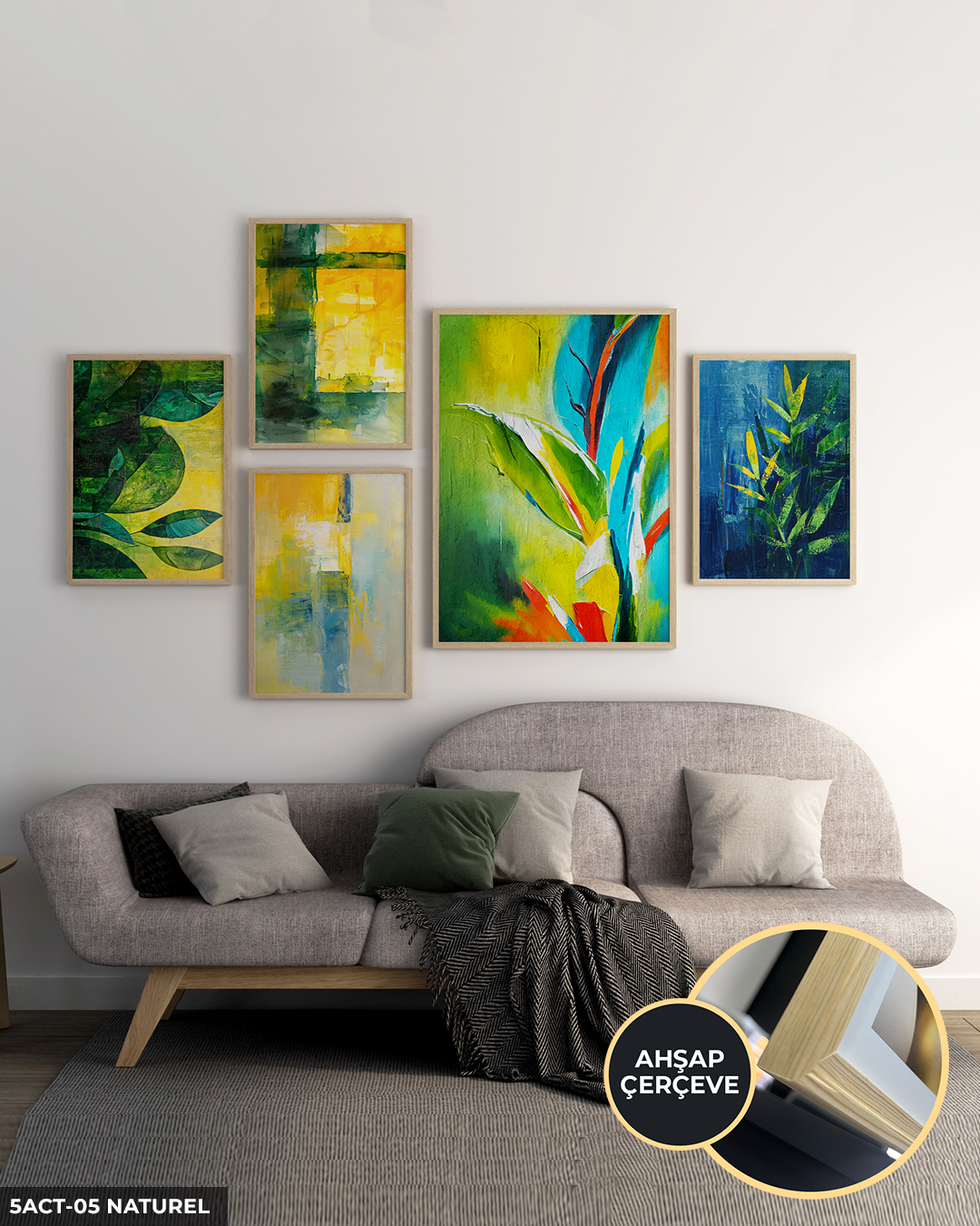 Yapraklar ve Soyut Sanat 5 Parça Ahşap Çerçeveli Tablo