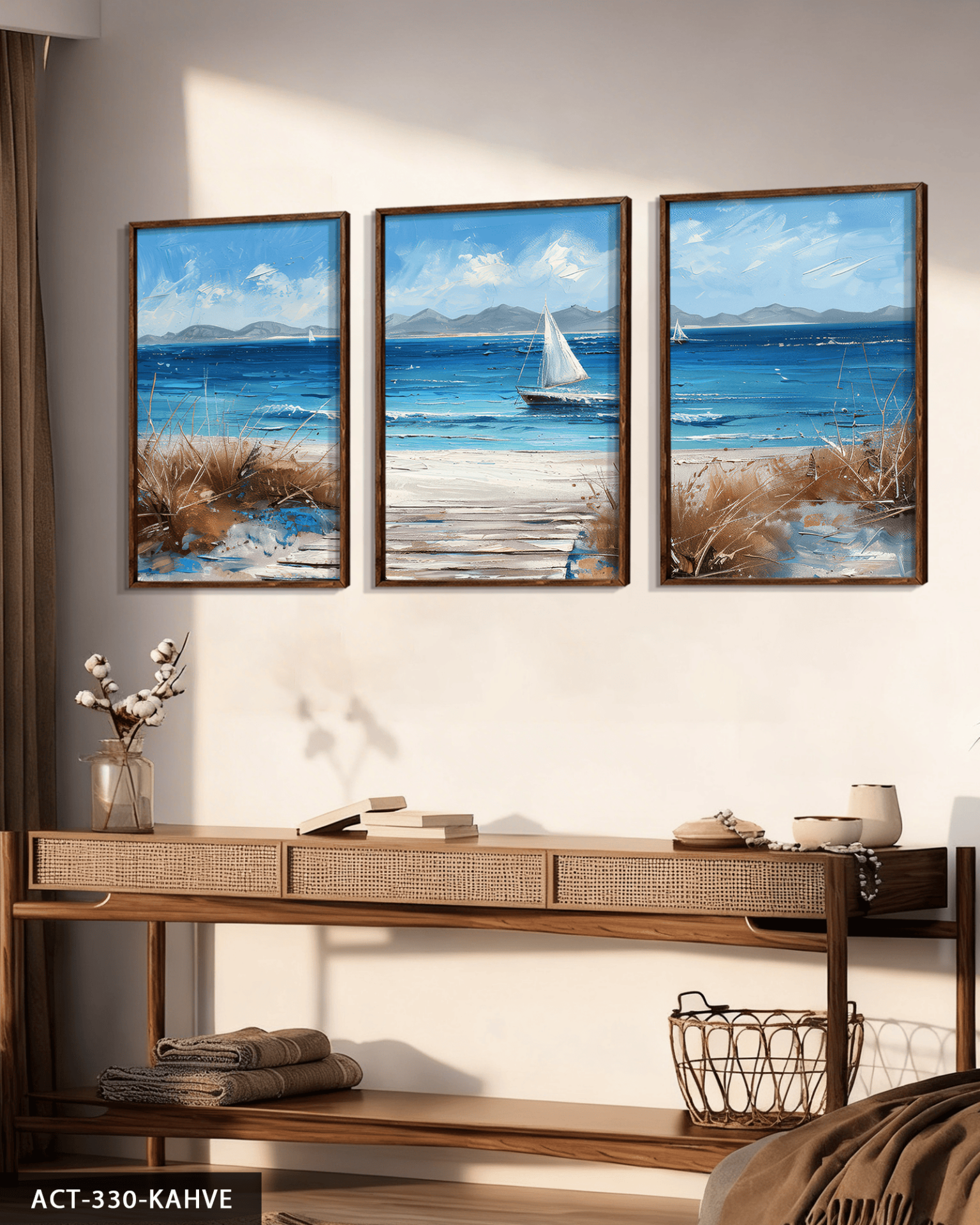 Denizdeki Tekne 3 Parça Ahşap Çerçeveli Tablo ACT Kahverengi - 30 x 40 CM