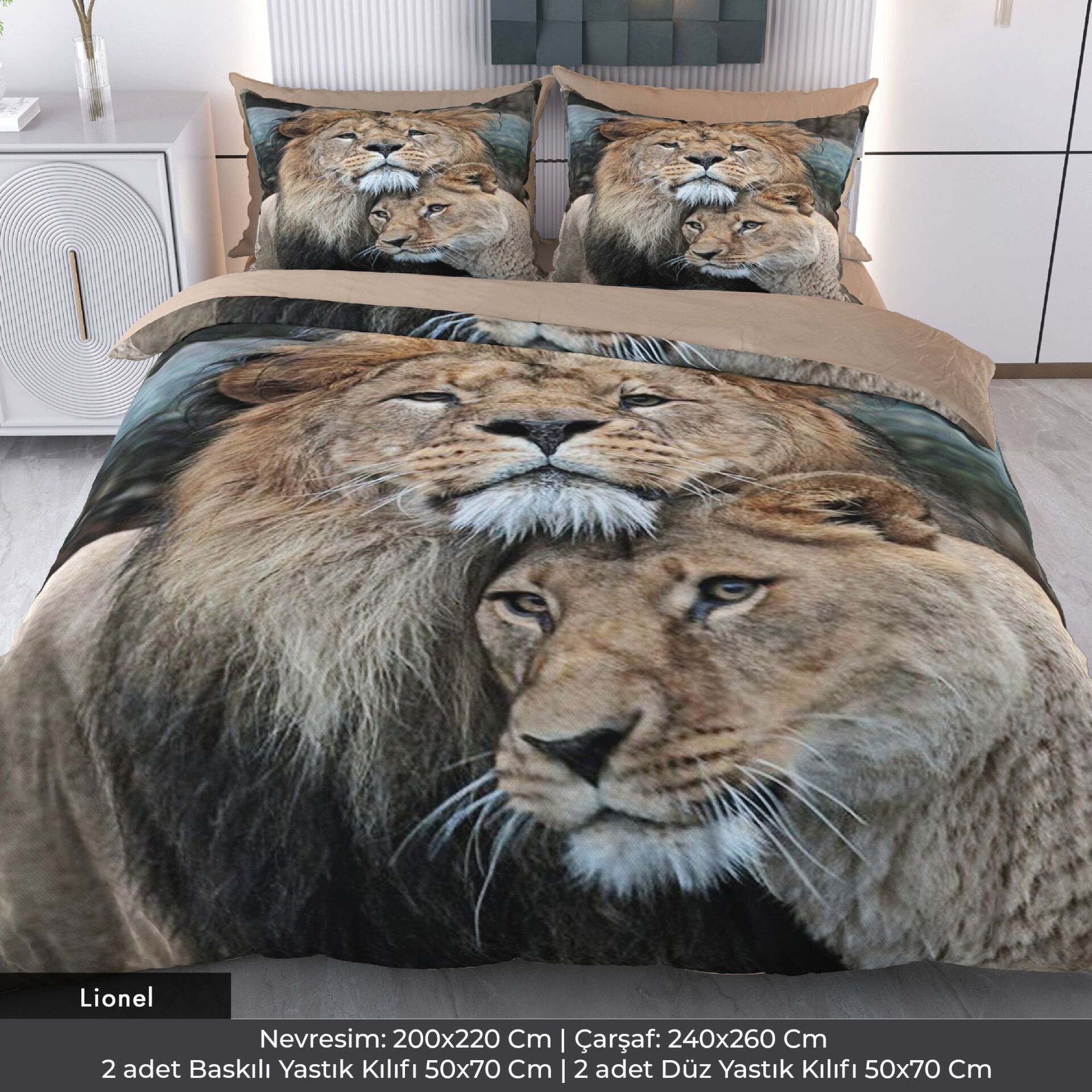Aslan Çift Dijital Baskılı 3D 3 Boyutlu Çift Kişilik Nevresim Takımı Çift Kişilik