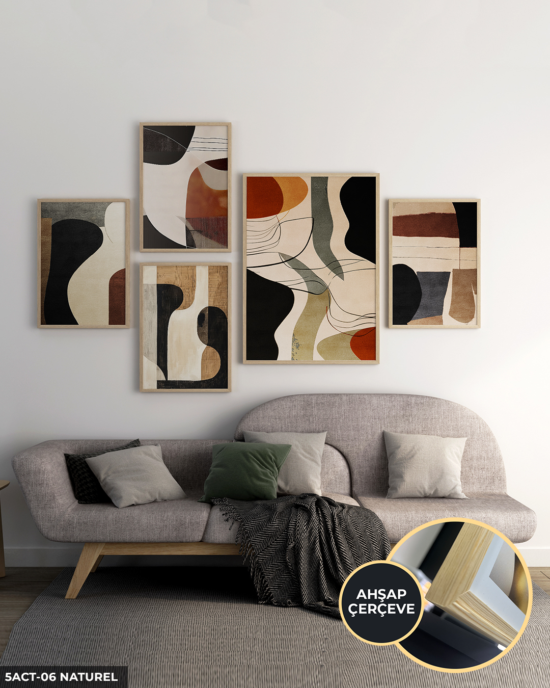 Soyut Sanat 5 Parça Ahşap Çerçeveli Tablo